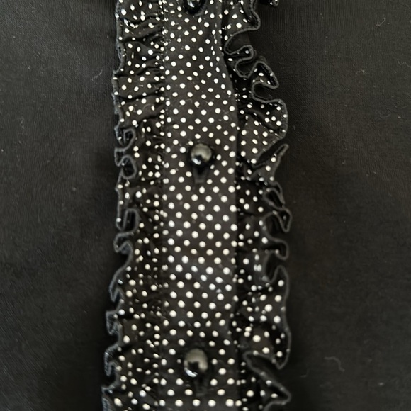 Anne Fontaine Sully black short sleeve top with mini polka dots and ruffles. - Picture 5 of 8